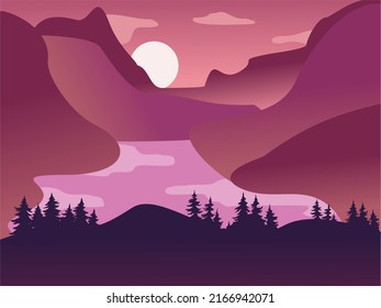 Ilustración vectorial. de paisajes de montaña en un estilo plano. Papeles naturales. Mínimos orgánicos. Amanecer, terreno mojado con pendientes, montañas cerca del bosque. Cielo claro