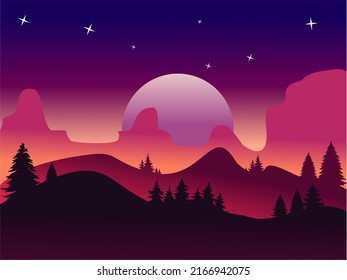 Ilustración vectorial. de paisajes de montaña en un estilo plano. Papeles naturales. Mínimos orgánicos. Amanecer, terreno mojado con pendientes, montañas cerca del bosque. Cielo claro
