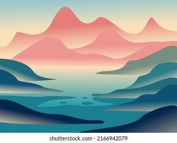 Vector illustration. of mountain landscapes in a flat style. Natural wallpapers. Organic minimalis. Sunrise, misty terrain with slopes, mountains near the forest. Clear sky