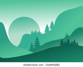 Vector illustration. of mountain landscapes in a flat style. Natural wallpapers. Organic minimalis. Sunrise, misty terrain with slopes, mountains near the forest. Clear sky