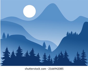 Vector illustration. of mountain landscapes in a flat style. Natural wallpapers. Organic minimalis. Sunrise, misty terrain with slopes, mountains near the forest. Clear sky