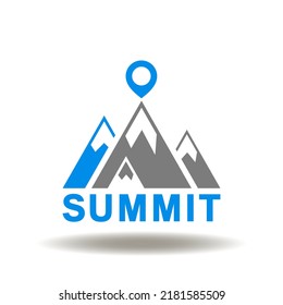 Vector illustration of mountain with location pointer and summit word. Symbol of summit. Icon of governance political international high level conference.