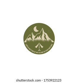 Vector illustration of mountain and outdoor adventures logo with campfire and tent isolated on white background 