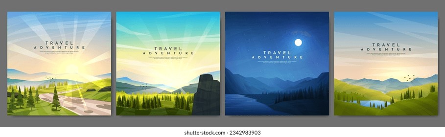 Vector illustration. Mountain outdoor landscapes set. Colorful geometric flat style. Meadow path by trees, forest by cliff, night scene, lake. Design for web banner, blog post, social media template