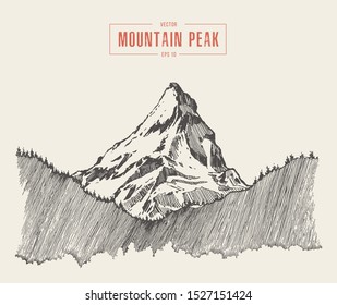 Vector illustration of a mountain peak, engraving style, hand drawn