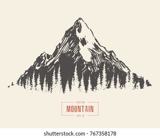 Vector illustration of a mountain peak, engraving style, hand drawn