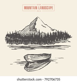 Vector illustration of a mountain peak with fir forest, lake and boat, engraving style, hand drawn