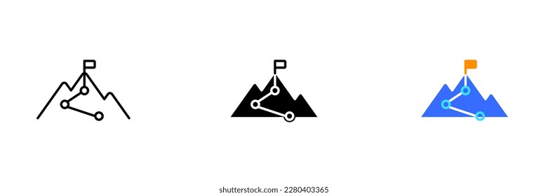 Ilustración vectorial de un pico de montaña con una bandera en la parte superior, representando logros y logros. Conjunto vectorial de iconos en línea, de color y negro aislados.