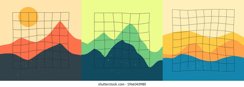 Vector illustration. Mountain peak, green hill, beach by sea. Line grid pattern. Landscape background. Hand drawn flat cartoon style. Design for social media template, web banner. Vintage style
