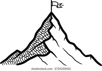 Ilustração vetorial do ícone de pico da montanha com bandeira de cume, terreno acidentado, símbolo de realização, marcador de meta e design de conceito de sucesso