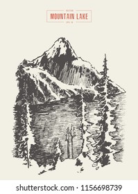 Vector illustration of a mountain peak with pine forest in front of a lake, engraving style, hand drawn, sketch
