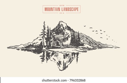 Vector illustration of a mountain peak with pine forest in front of a lake, engraving style, hand drawn