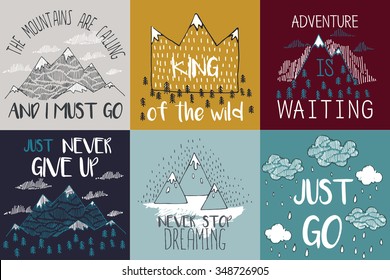 Vector illustration with mountain peaks end graphic elements. The mountains are calling and i must go. Motivational and inspirational typography posters set with quote