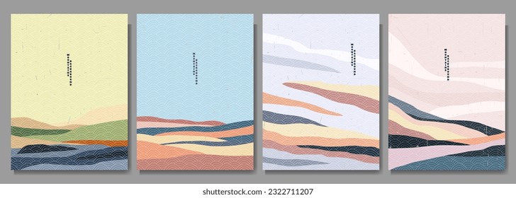 Ilustración vectorial. Picos de montaña, agua en el desierto, colinas onduladas. Fondo colorido. estilo asiático. Diseño de afiches, portada de libros, folleto, disposición. Arte mural. Estilo retro. Textura dibujada lineal