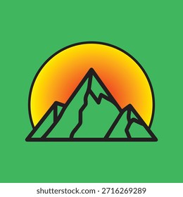 Ilustração vetorial de picos de montanha com um pôr do sol amarelo