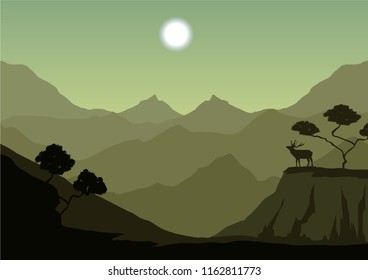 vector illustration of mountain range and elk on the cliff