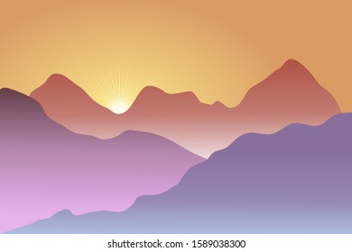 Vector illustration of mountain range under the sunset light.