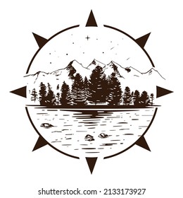 Vector illustration of mountain and river scenery