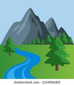 Vector Illustration of mountain with river and tree