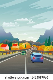 Vector illustration of a mountain road with cars and the village. Flat illustration in cartoon style.