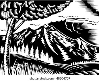 vector illustration of a mountain scene with tree and clouds done in retro woodcut style.