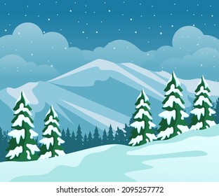 Vector illustration of mountain scenery background in winter