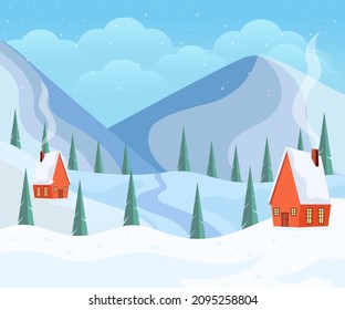 Vector illustration of mountain scenery background in winter