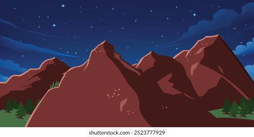 ilustração vetorial do projeto do cenário de montanha em uma noite estrelada