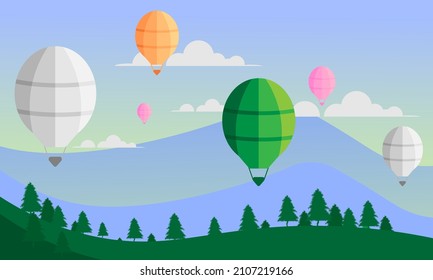 vector illustration of mountain scenery with energetic hot air balloon holiday weekends with bright pastel colors