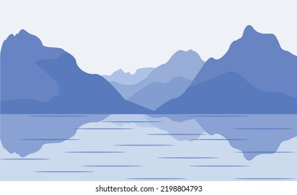Ilustración vectorial del paisaje montañoso, cielo con hermoso lago.