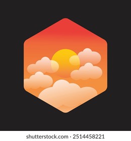 vector illustration of mountain, sea, sunset, silhouette, isolated in polygon frame