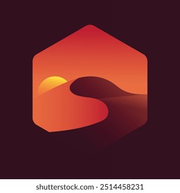 vector illustration of mountain, sea, sunset, silhouette, isolated in polygon frame