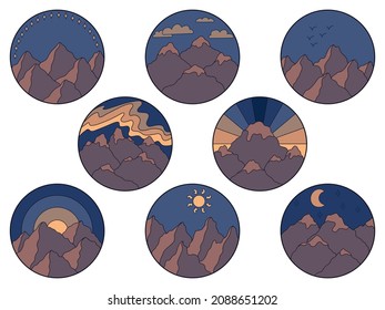 Vector illustration of mountain. Set of hand drawn outline icon in circle frame. For print, web, design, decor, logo.