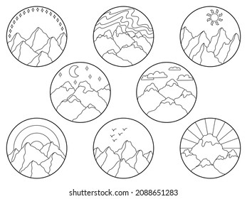 Vector illustration of mountain. Set of hand drawn outline icon in circle frame. For print, web, design, decor, logo.