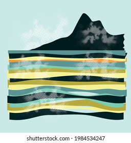Vector illustration of mountain silhouette on coast, stylized with colored stripes simulating sea.