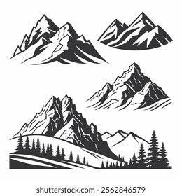 Vector illustration. Mountain silhouette set. Rocky mountains icon or logo collection. 