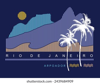 Vector illustration of mountain silhouettes in the coastal region of Rio de Janeiro, Brazil. Art in graphic style.