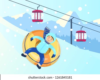 Vector illustration of mountain slope with kid riding snow tube. Cableway and snowy mountains landscape in the background .