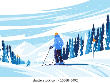 Vector illustration of mountain snow slope, skier on top of mountain, snowboarder riding on mountain, winter sport