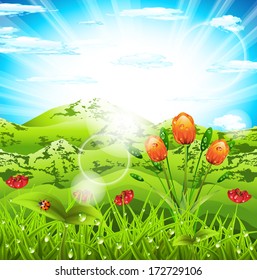 Vector illustration of mountain spring landscape. 
