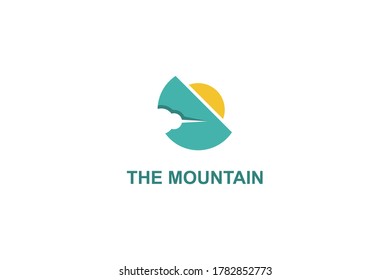 Vector illustration of mountain with sun and cloud on negative space design concept, mountain landscape logo.