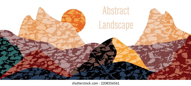 Vector illustration. Mountain and sun. Minimal landscape art with dark circles texture. Abstract wallpapers for prints, art decor, wall art and canvas prints.