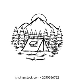 Vector illustration of mountain, tent, forest, camping in nature. Hand drawn style in black and white