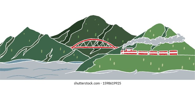 Vector Illustration Of Mountain And Train In Taiwan