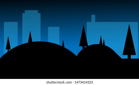 Vector illustration of a mountain, tree and moon background at night