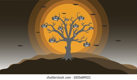 Vector illustration of a mountain tree with a yearly pumpkin ghost on the tree