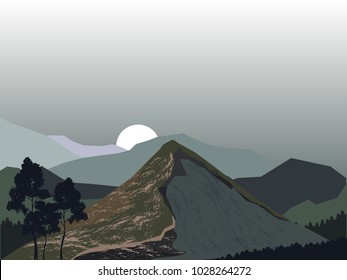 vector illustration of mountain and trees. realistic nature landscape, hills and forest