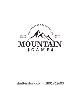 Vector illustration of mountain and trees silhouette with simple typography isolated on white background fit for outdoor adventure business logo or t shirt design