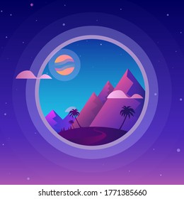 Vector illustration of a mountain using a gradient of soft purple colors, sun earth sky, stars.