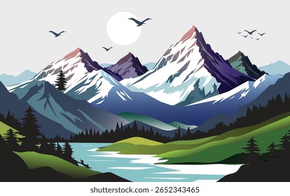 Ilustração vetorial de uma vista de montanha coberta de neve.